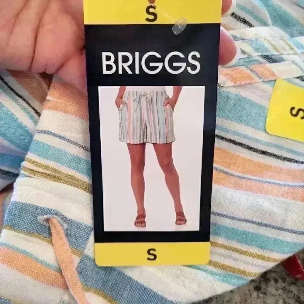 Briggs Women's White/Aqua/Orange Linen/Rayon Drawstring Cuffed Shorts w Pockets